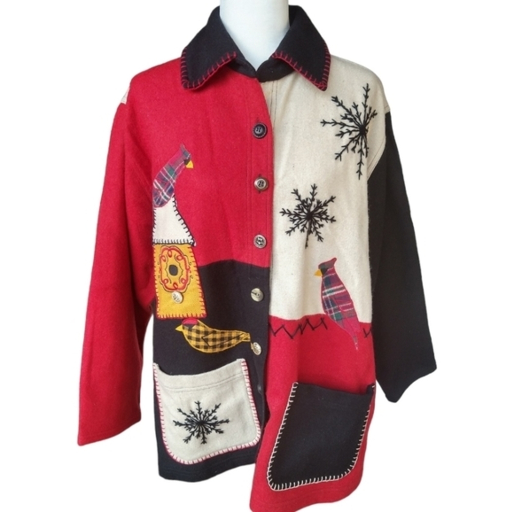 At Ease wool women's jacket Birds and Snowflakes SZ XL